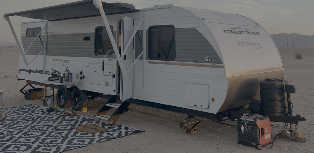 RV rental delivered and set up at a Southern California desert campsite