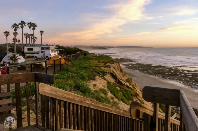 RV rental set up at a San Elijo State Beach campsite overlooking the ocean