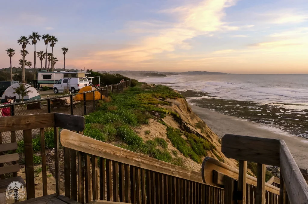 RV rental set up at a San Elijo State Beach campsite overlooking the ocean