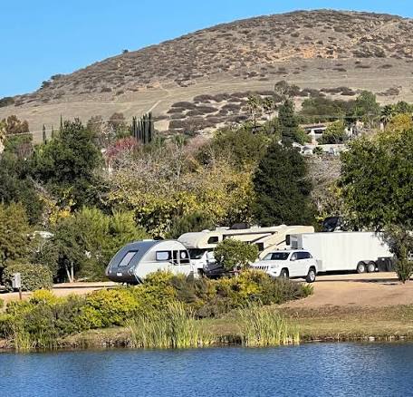 RV rental set up lakeside at Santee Lakes Recreation Preserve
